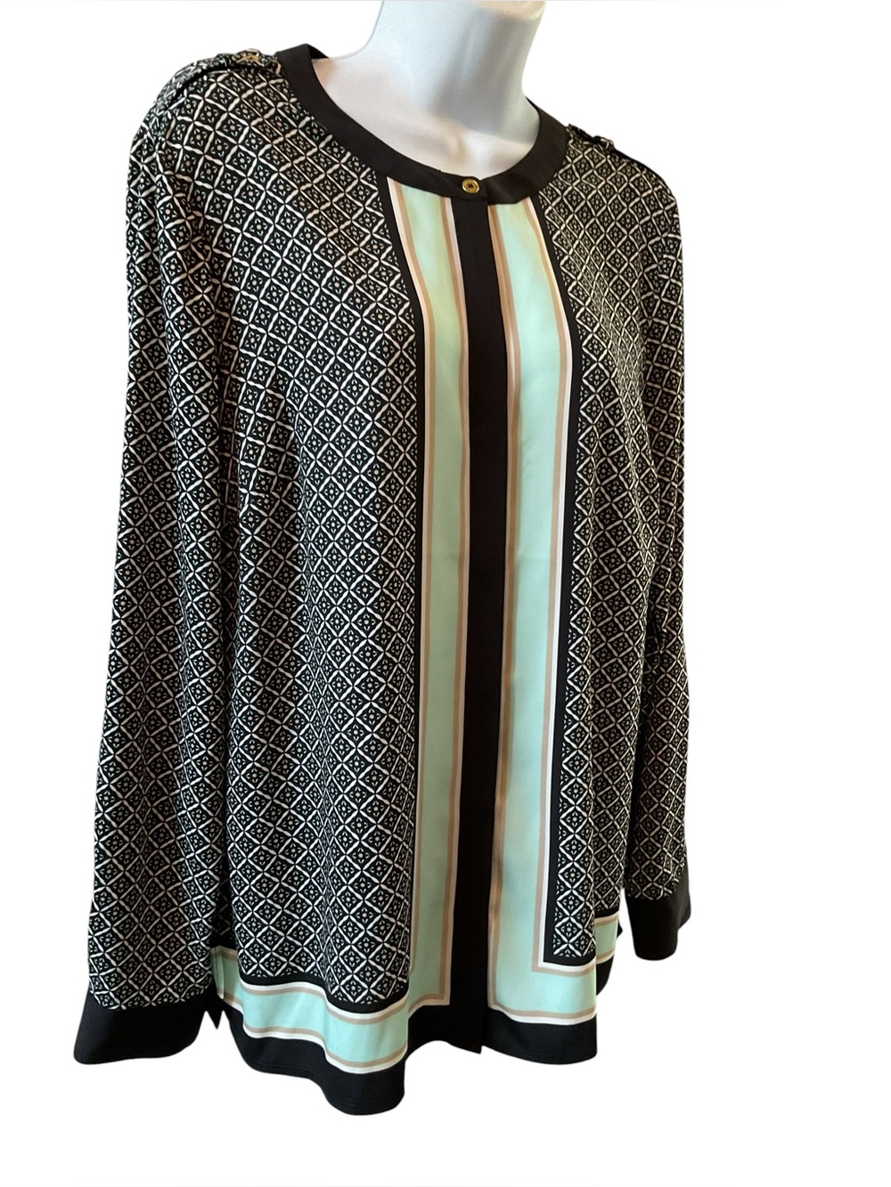 Dana BuchmanBlack & Mint Patterned button up poly spandex career blouse sz 12